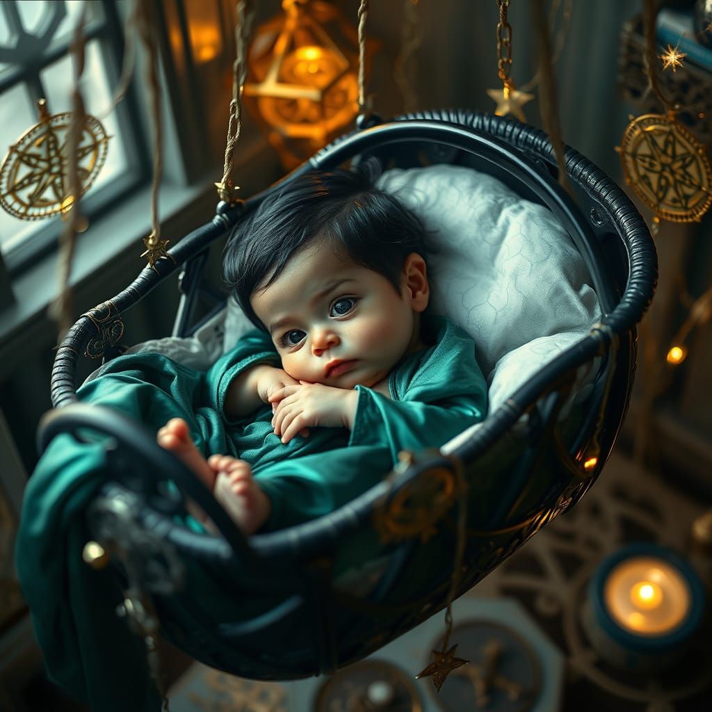 Magical Baby in Floating Cradle with Runes