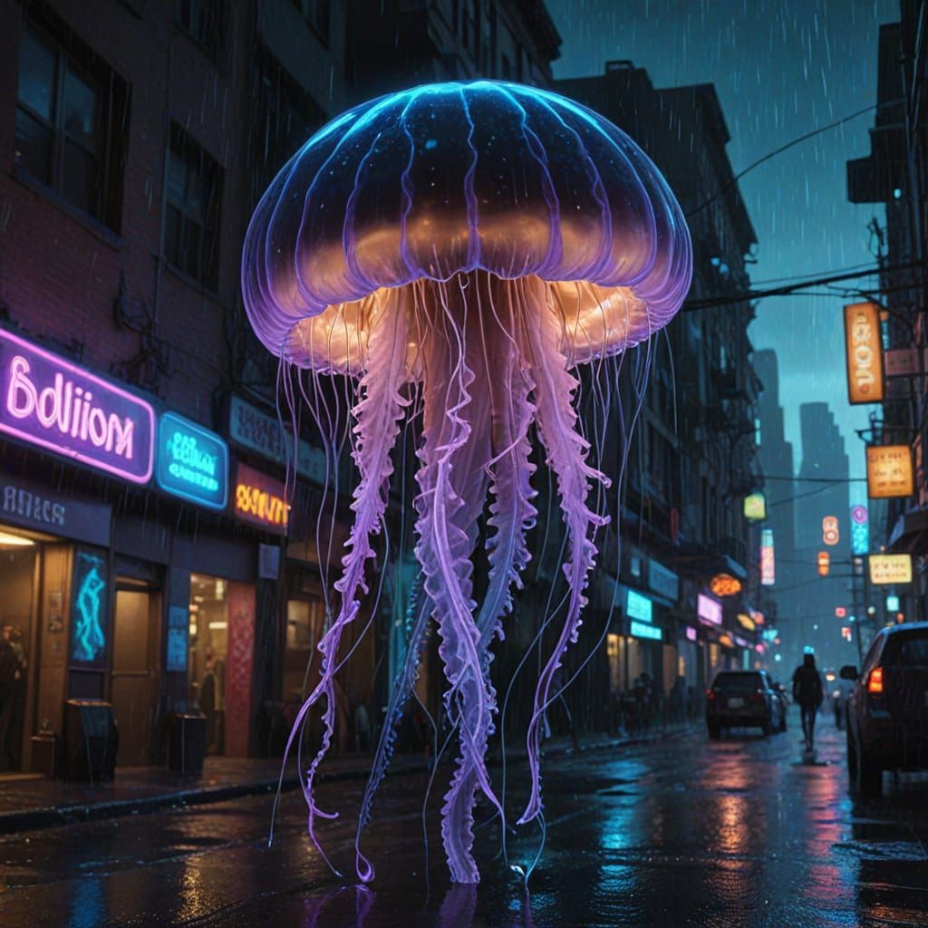 Bioluminescent Jellyfish in Neon Cyberpunk City