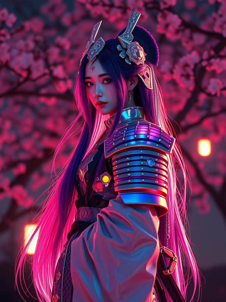 Cyberpunk Geisha Warrior in Iridescent Samurai Armor