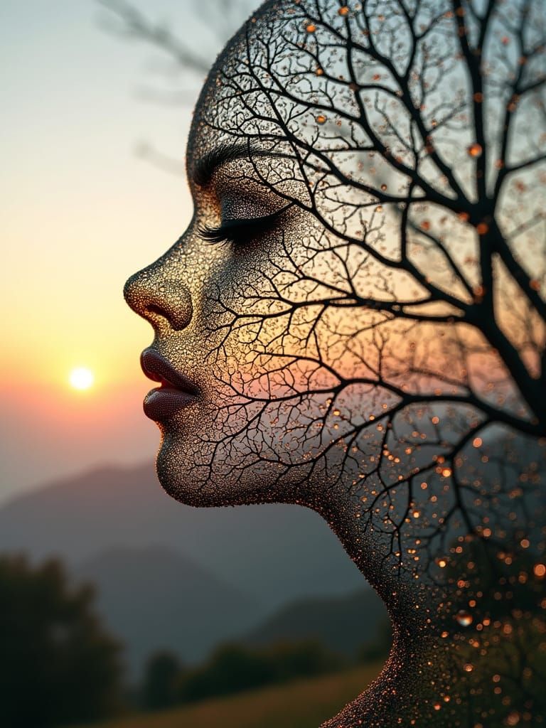 Ethereal Dew Woman: A Tree Branch Portrait