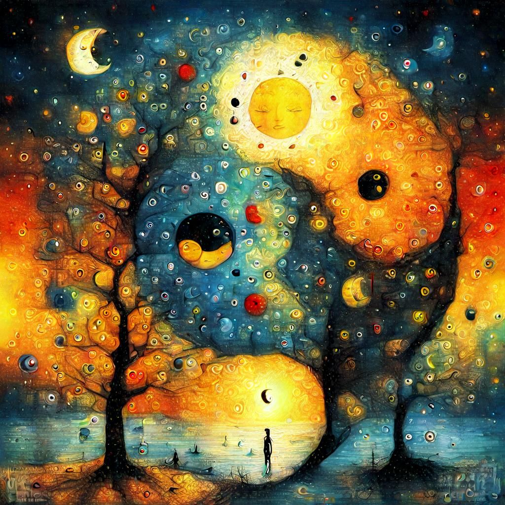 Surreal Yin Yang Sun Moon in Vibrant Style