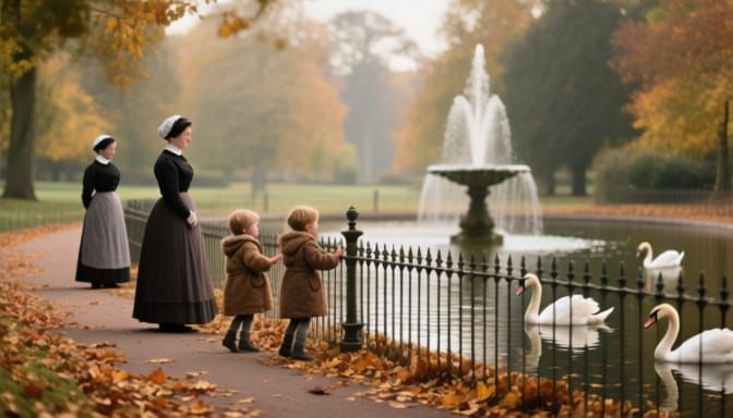 Autumn Park Scene in 1880 with Swans and Children