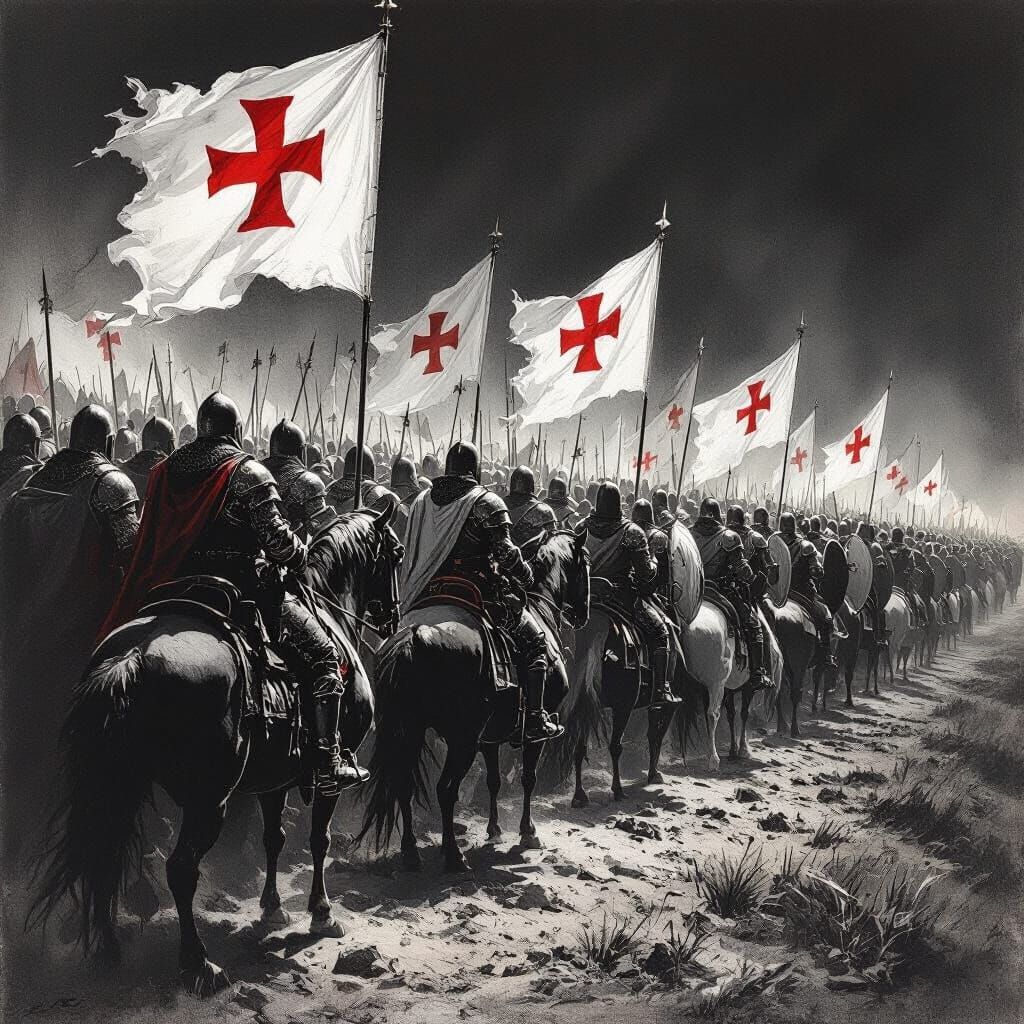 Crusader Army Awaiting Battle, Charcoal Drawing Style