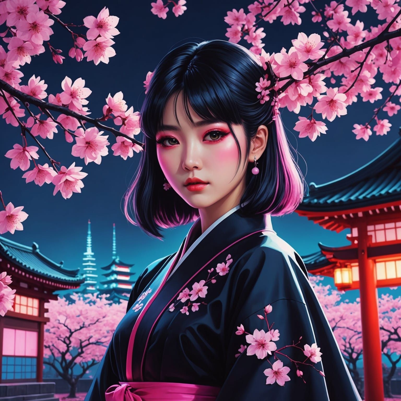 Japanese Gothic Girl in Neon Cherry Blossoms