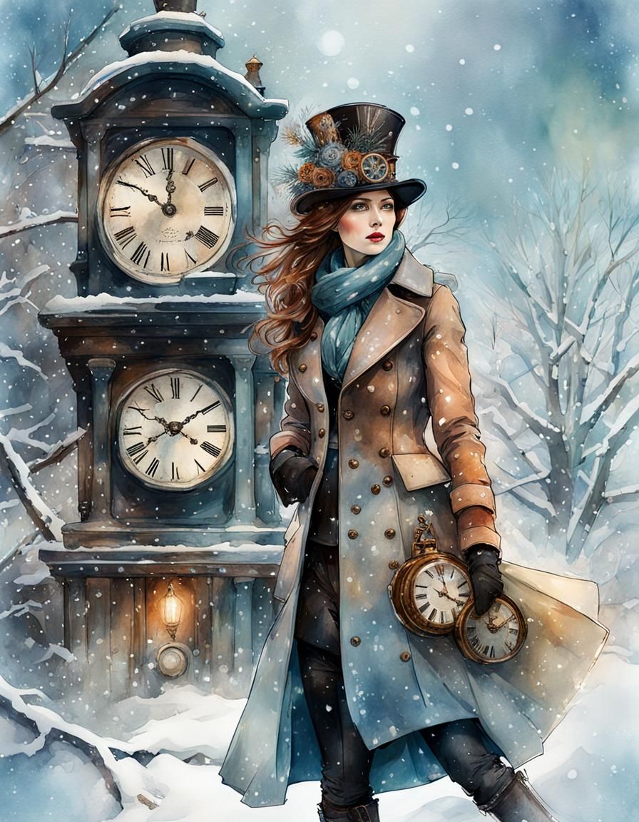 Steampunk Woman in Winter Wonderland Watercolor