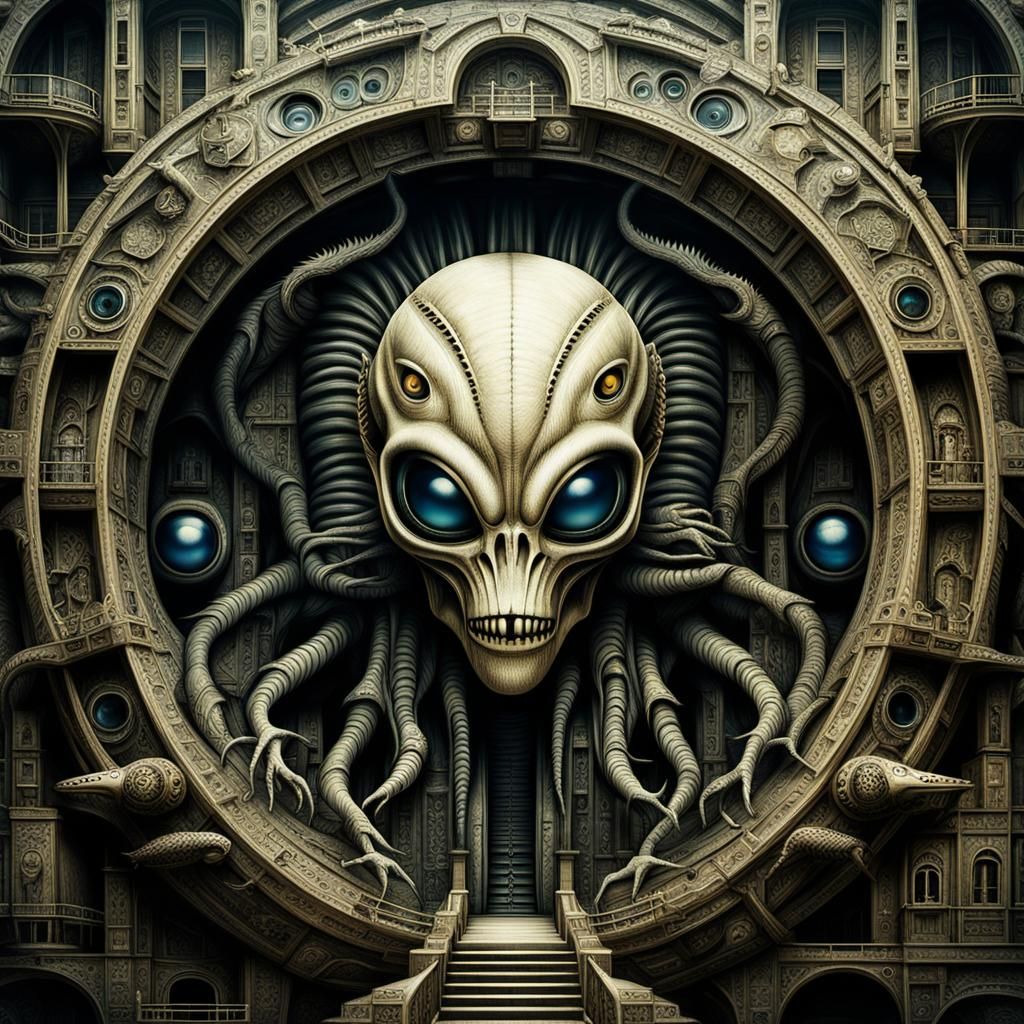 Surreal Xenomorphic City in Brutalist Style