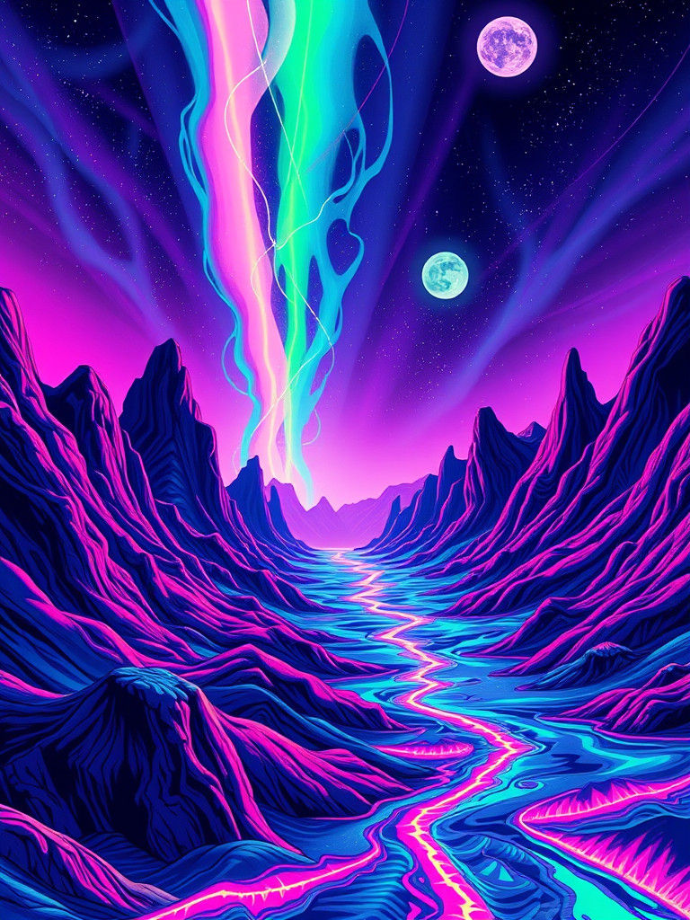 Neon Futuristic Landscape in Comic Book Art Style