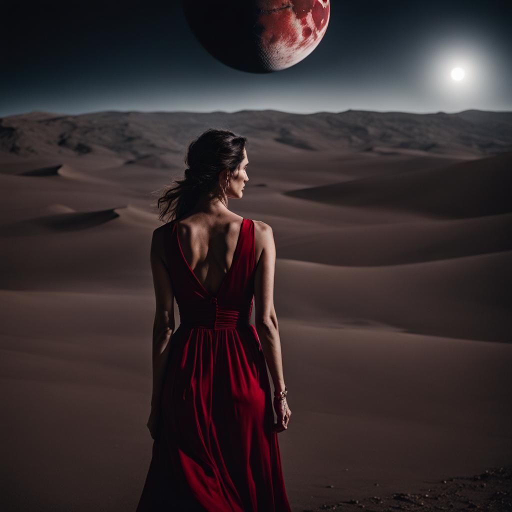 Woman on Moon in Red Dress Portrait