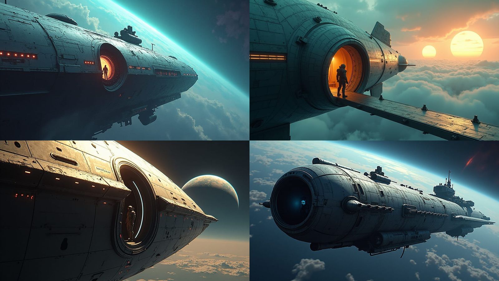 Giant Starship with Open Airlock and Spacesuit Silhouette