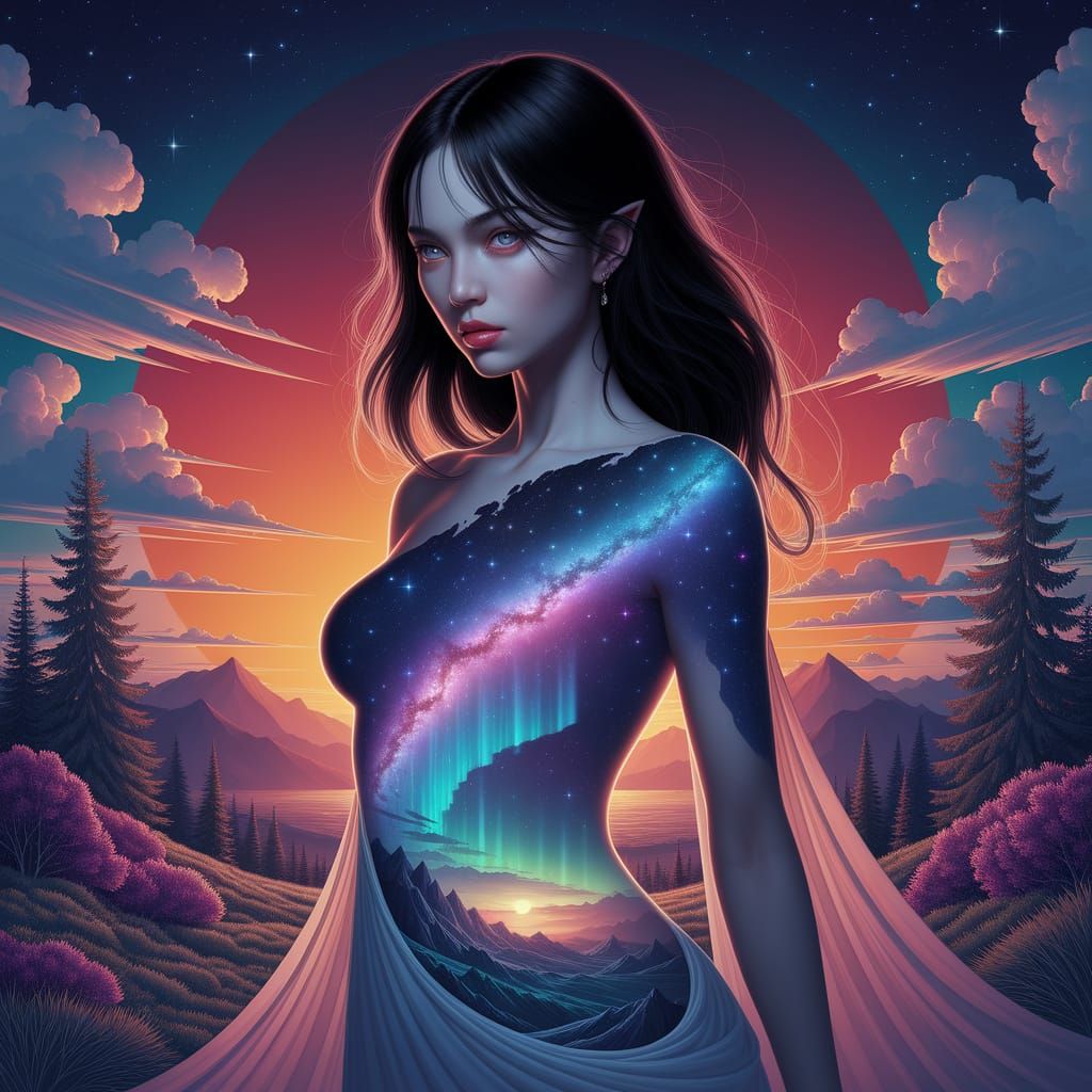 Ethereal Woman Merging with Galaxy and Landscape