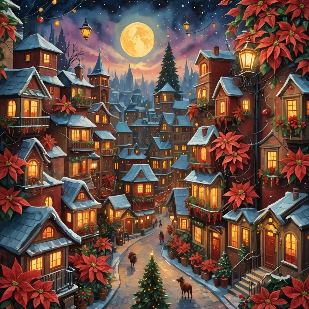 Magical Christmas Poinsettia City in Gouache Style