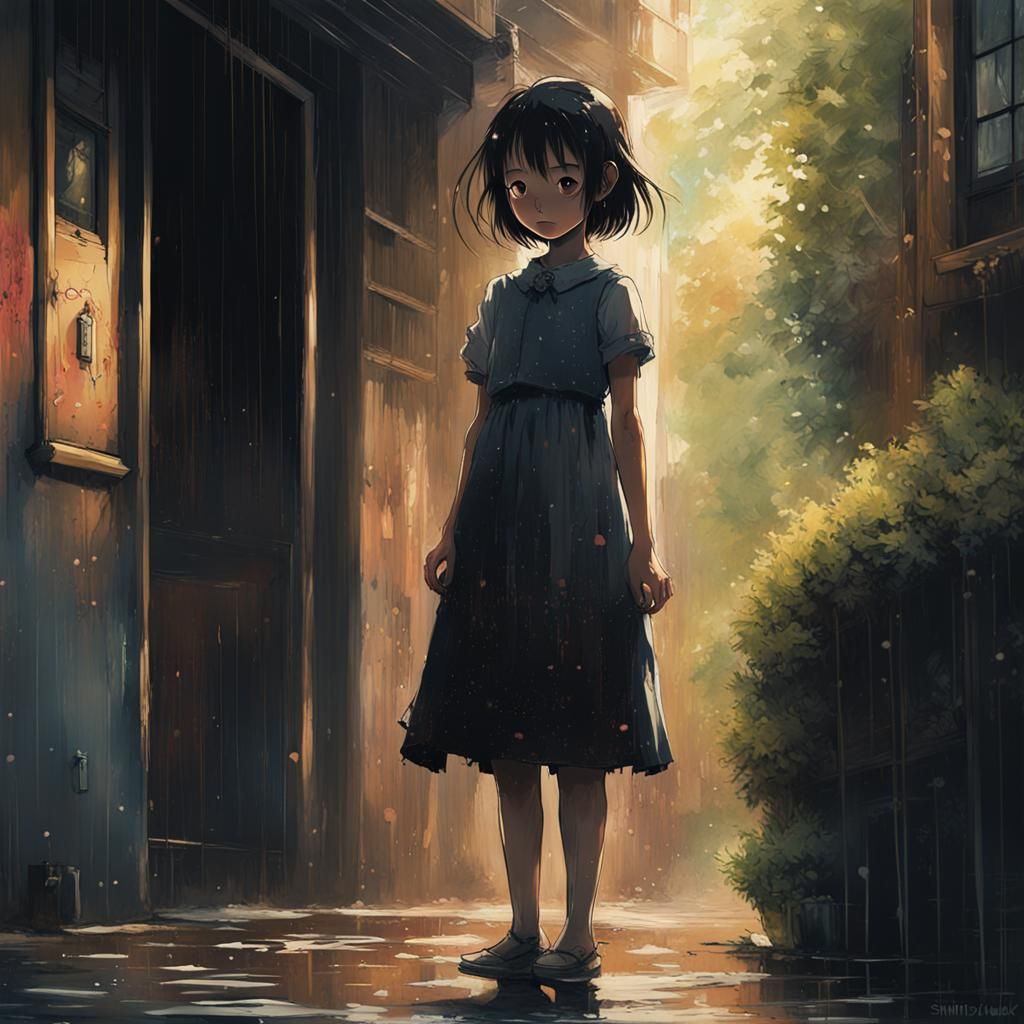 Girl in gothic baby-doll dress, multi-media oil painting