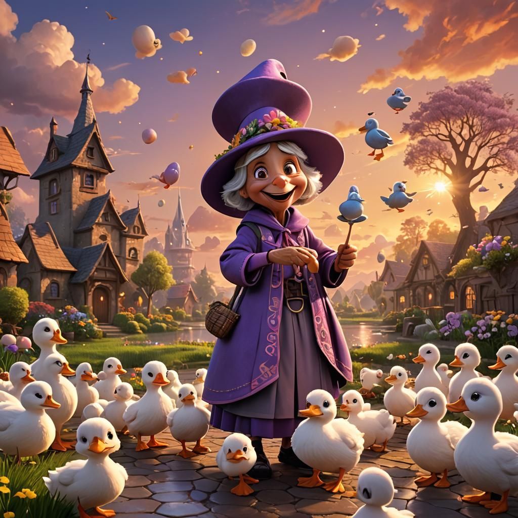 Chibia adorable Happy little old lady dressed in Easter clothes and bright happy good witch tending to giant ducklings, ...