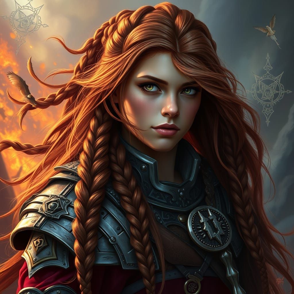 Beautiful Auburn-Haired Warrior in Ornate Armor