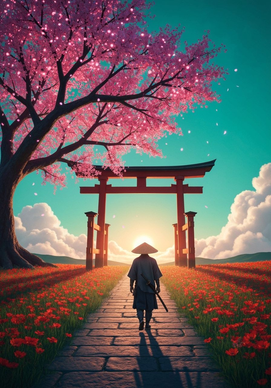 Lone Samurai Walking Toward Torii Gate