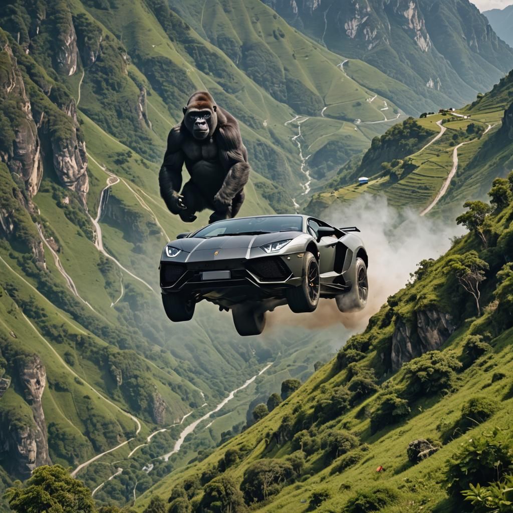 Lamborghini and Gorilla Surreal Mountain Scene