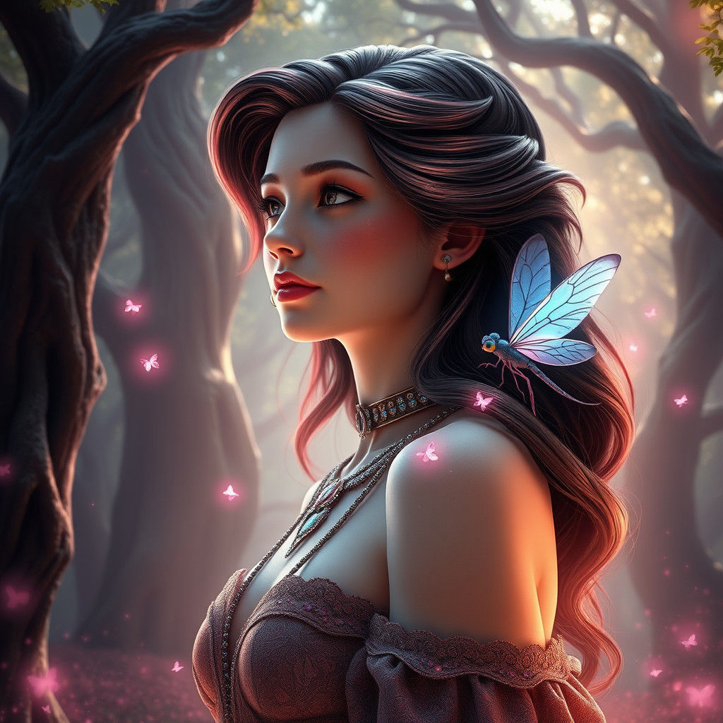 Enchanting Woman in Mystical Forest: 3D Portrait