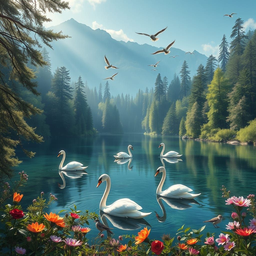 Idyllic Lake with Swans in Ancient Forest, Matte Painting