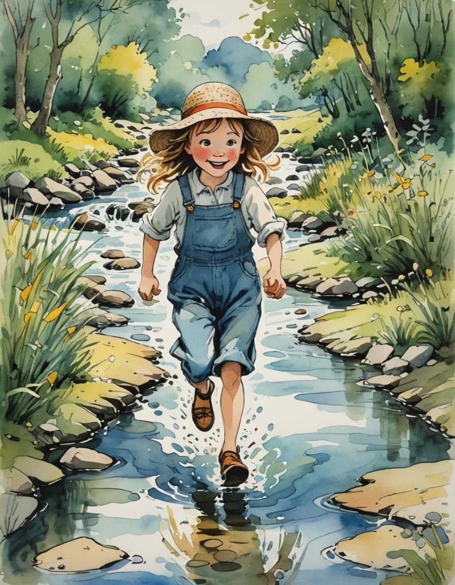 Girl in Straw Hat Running by Stream Illustration