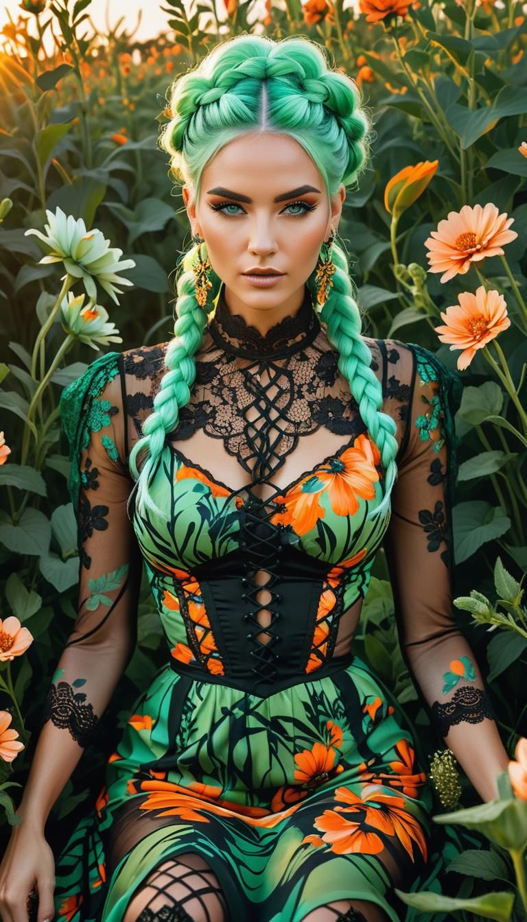 Fashion Model in Orange Flower Field, Digital Art