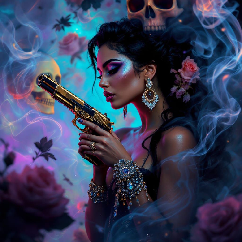 Elegant Chicana with Gun Smoke in Fantasy Art Mural Style