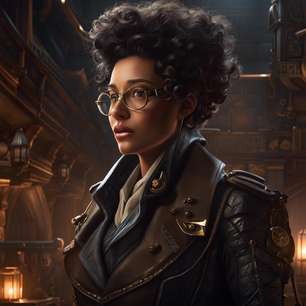 A character concept art of a steampunk inventor with mechanical limbs, wearing goggles and a leather trench coat, in a d...