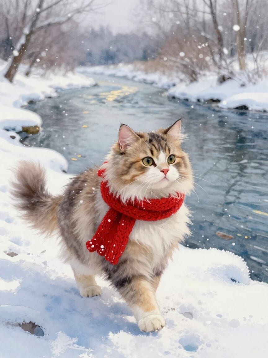 Fluffy Cat in Snowy Landscape Watercolour Painting