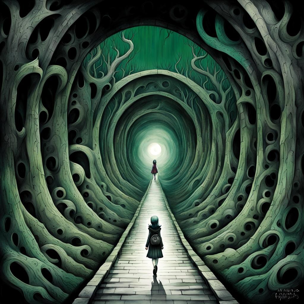 Goth Punk Girl in Monster Tunnel: Watercolour Illustration