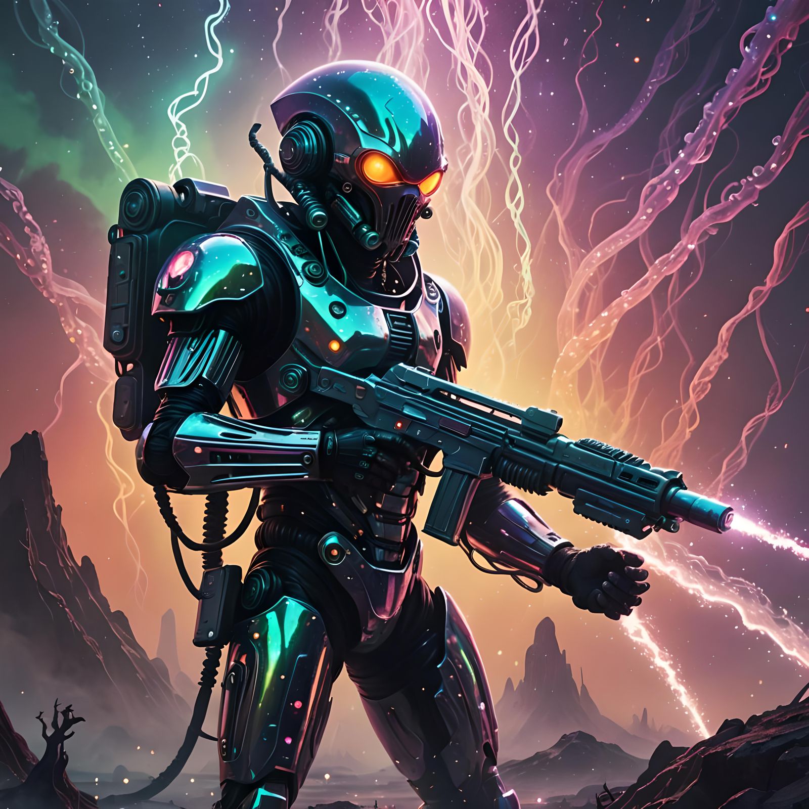 Retro-Futuristic Alien with Ray Gun in Sepia Tones