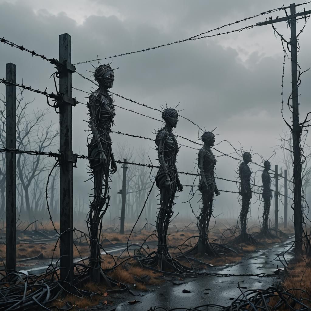 Abandoned Gothic Landscape with Barbed Wire Figures