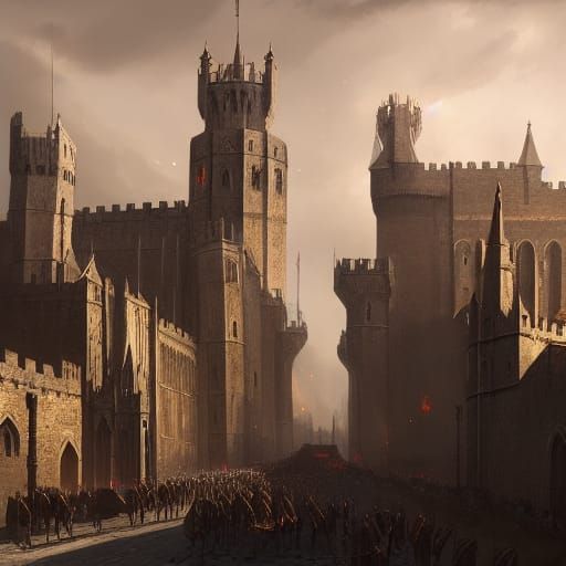 Medieval City with Knights: Dark Fantasy Concept Art