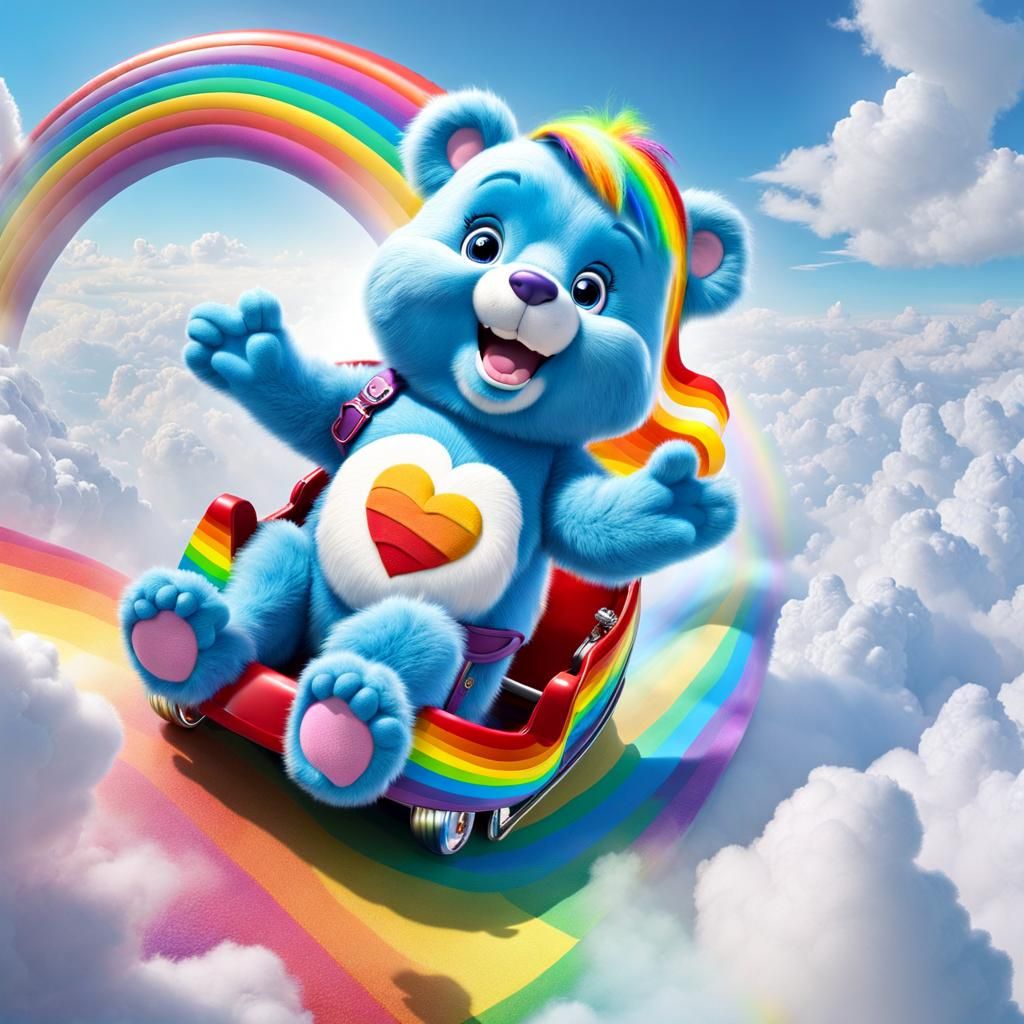 Care Bear Slides Down Rainbow in Dreamlike Photo