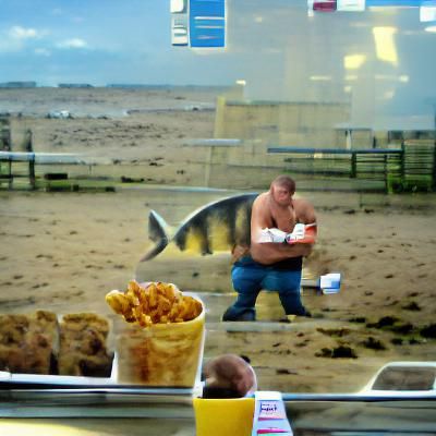 British Seaside: Man Eating Fish and Chips