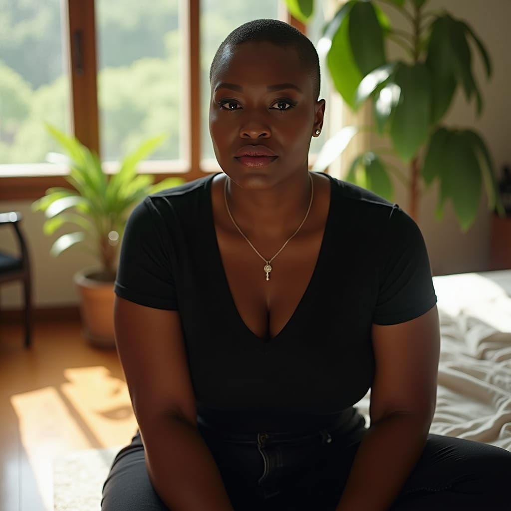 Elegant Black Woman in Sun-Kissed Bedroom