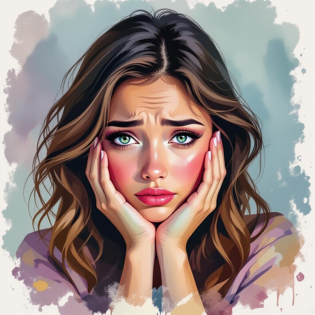 Girl Expressing Sadness Through Art in Gouache Style