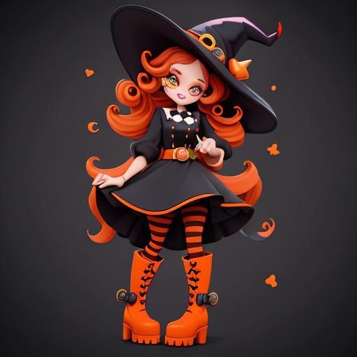 Cute Witch in Whimsical Style with Red Hair