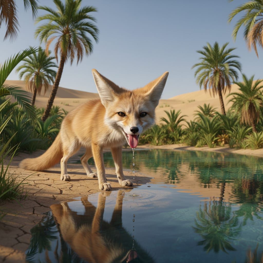 Desert Fox Joyfully Discovers Oasis in Hot Sands