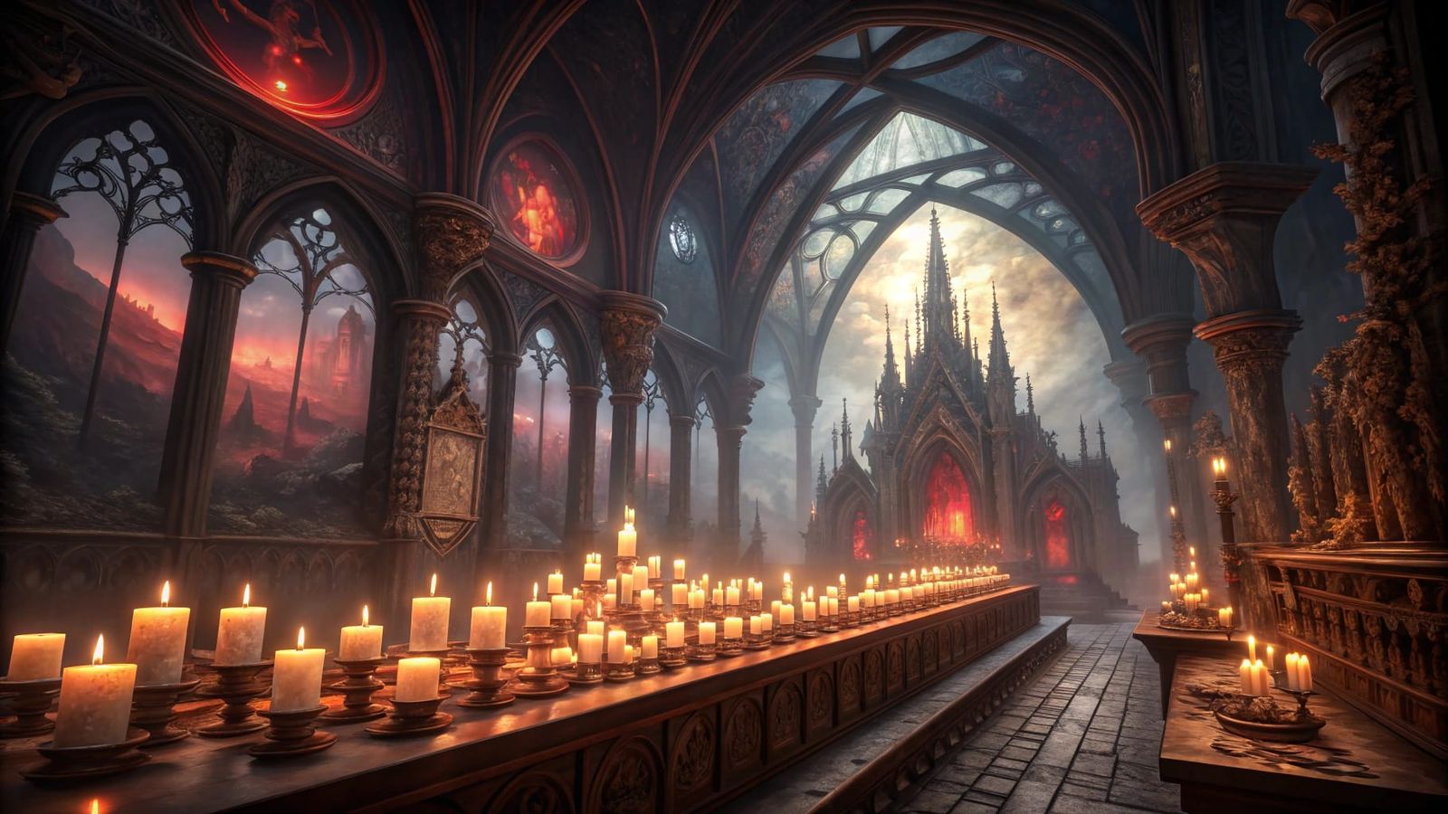 Gothic Church Interior Illuminated by Majestic Candles in a...
