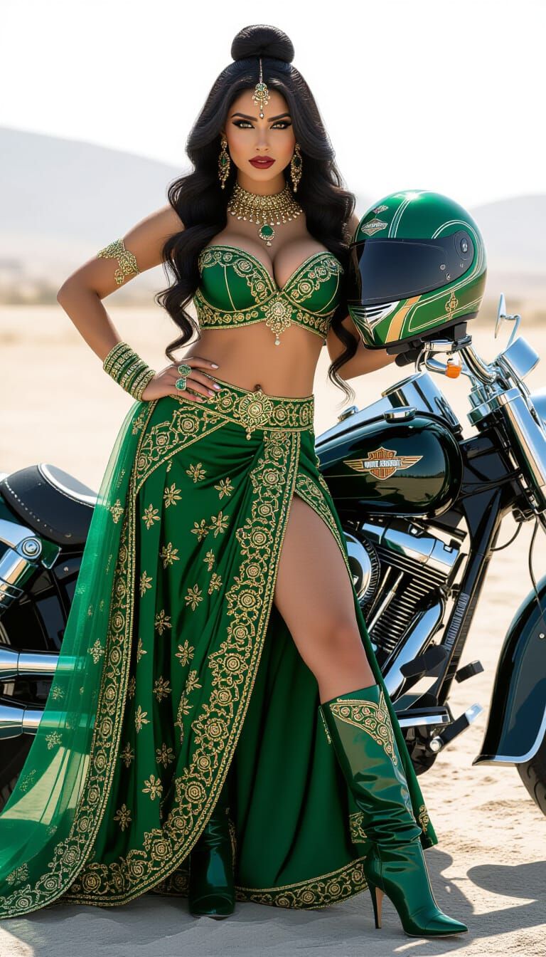 Curvy Woman in Indian Outfit with Motorcycle