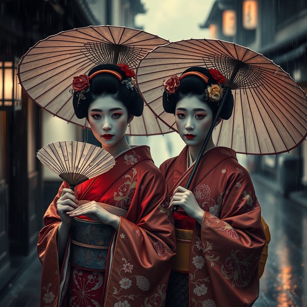 Japanese Geishas in Rainy Kyoto, Intricately Detailed Portra...