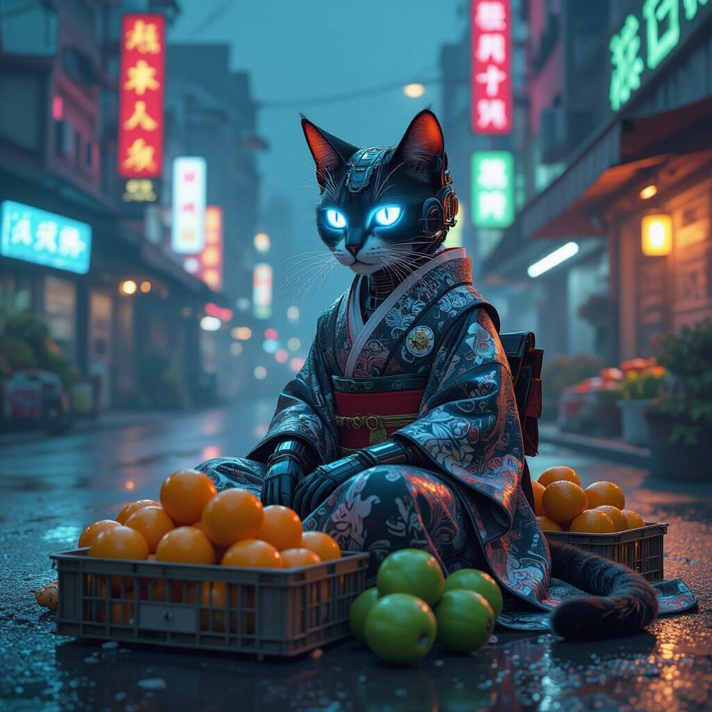 Cybernetic Cat Kimono in Cyberpunk Cityscape