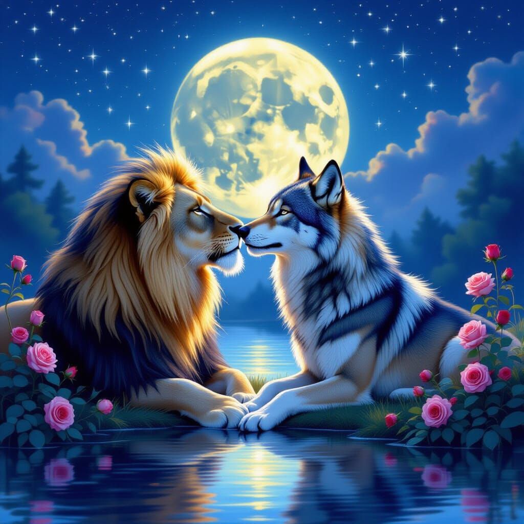 Lioness and Wolf Mate Kiss Under Moonlight