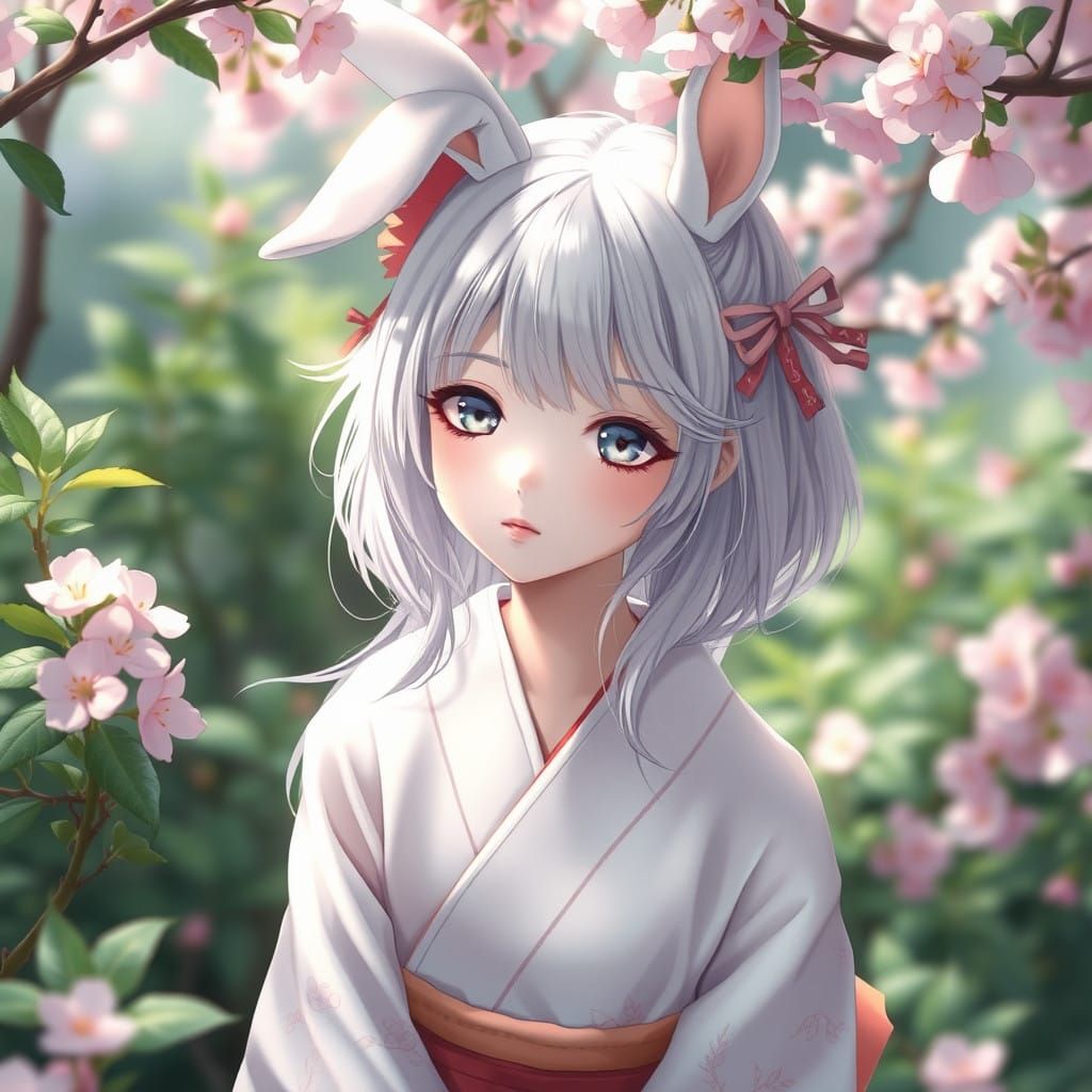Girl in Adorable Anime-Inspired Kimono with Bunny Ears