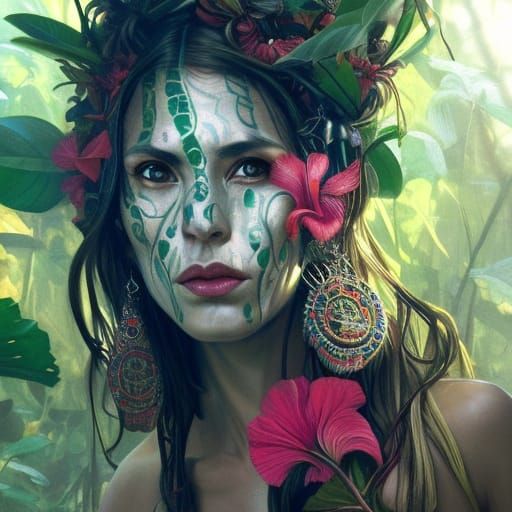 Attractive Mayan Witch Doctor Portrait in Lush Jungle