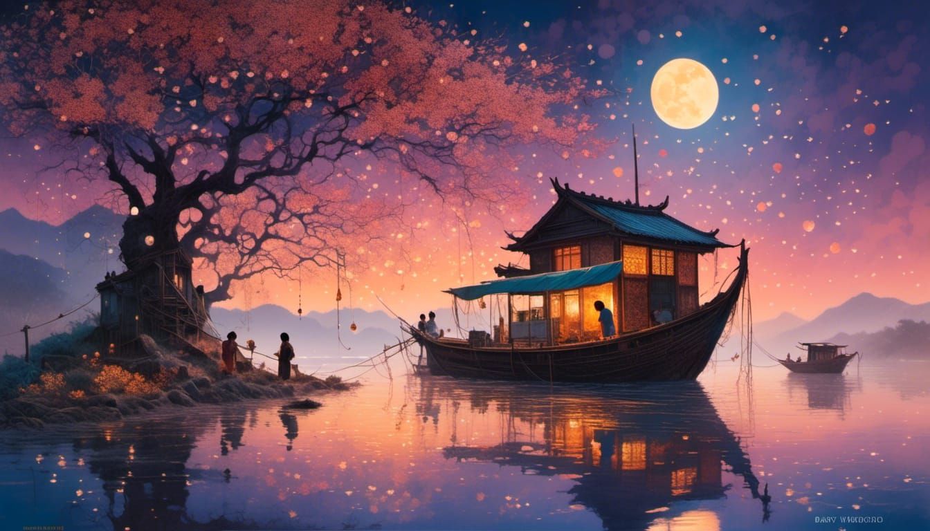 Korean Fishing Village in Fjord with Two Moons