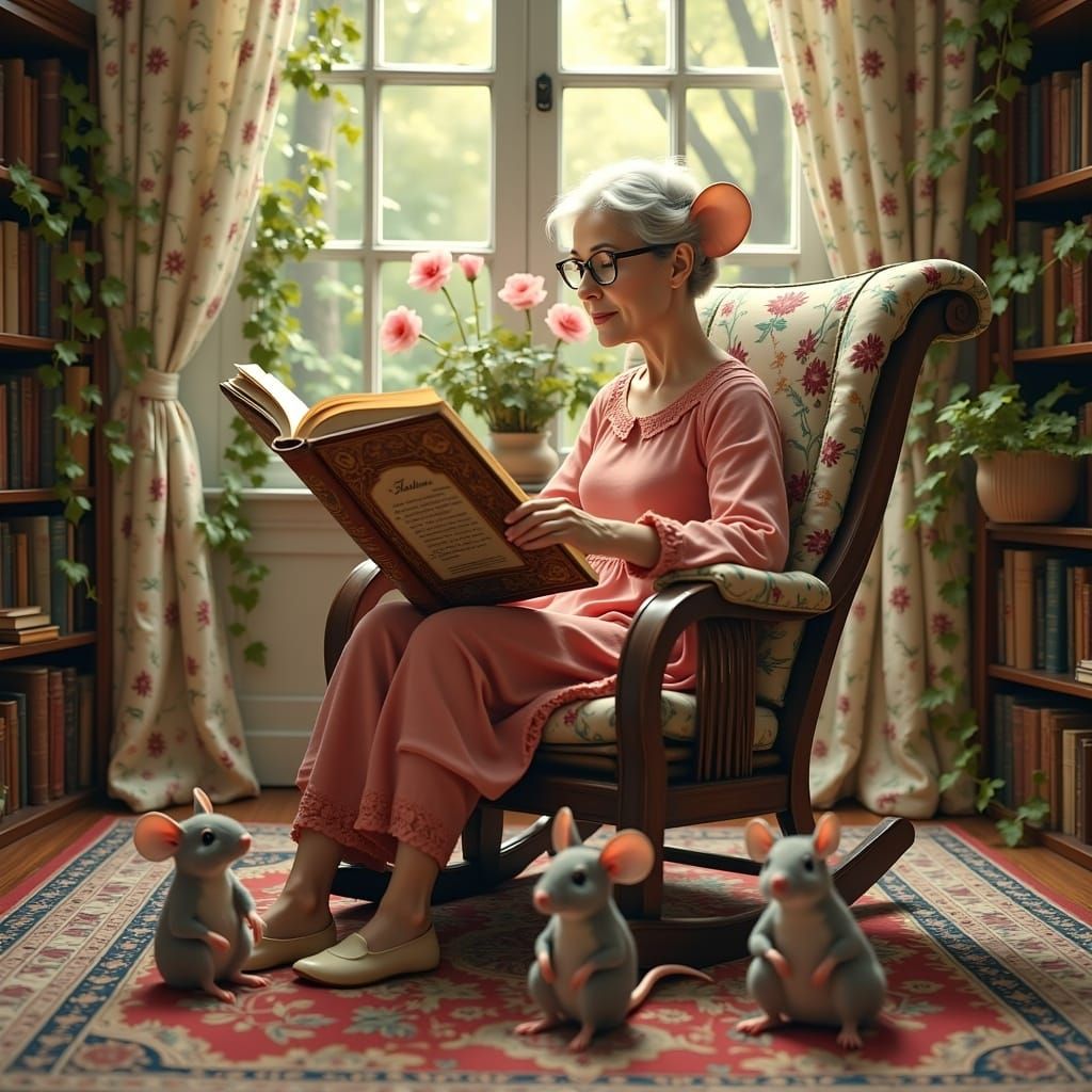 Whimsical Grandmother Mouse Reads to Her Grandmice in Cozy S...