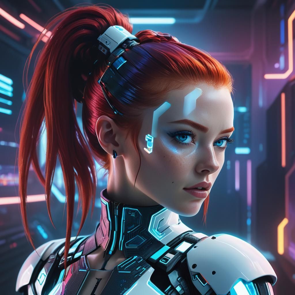 Cyberpunk Woman with Red Hair in Futuristic Cityscape