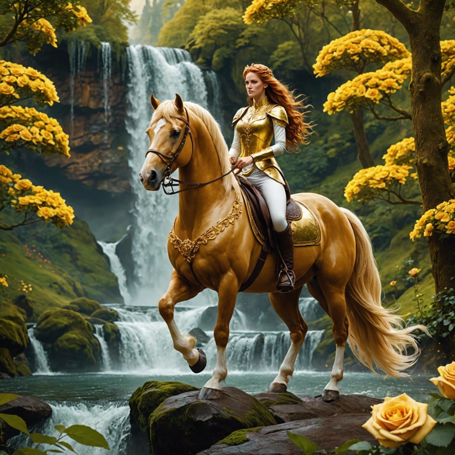 Golden Stallion and Princess in Forest, Fantasy Art