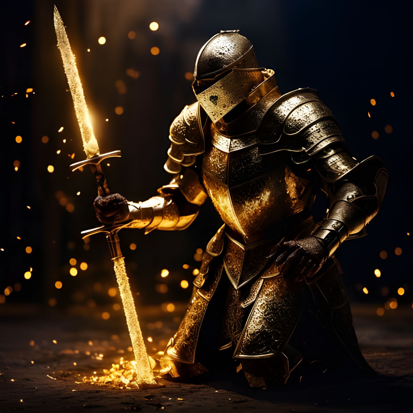 Armored Knight in Gold Filigree with Dramatic Lighting