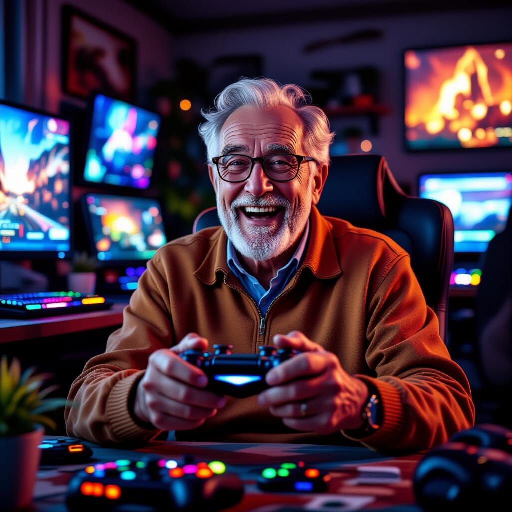 Joyful Elderly Gamer in Vivid Oil Painting